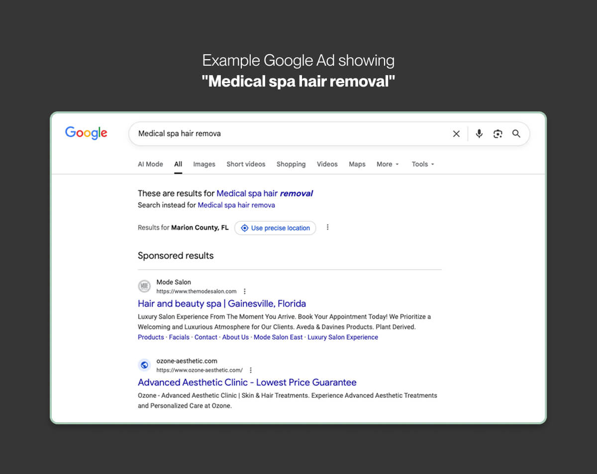 Example Google Ad showing
"Medical spa hair removal"